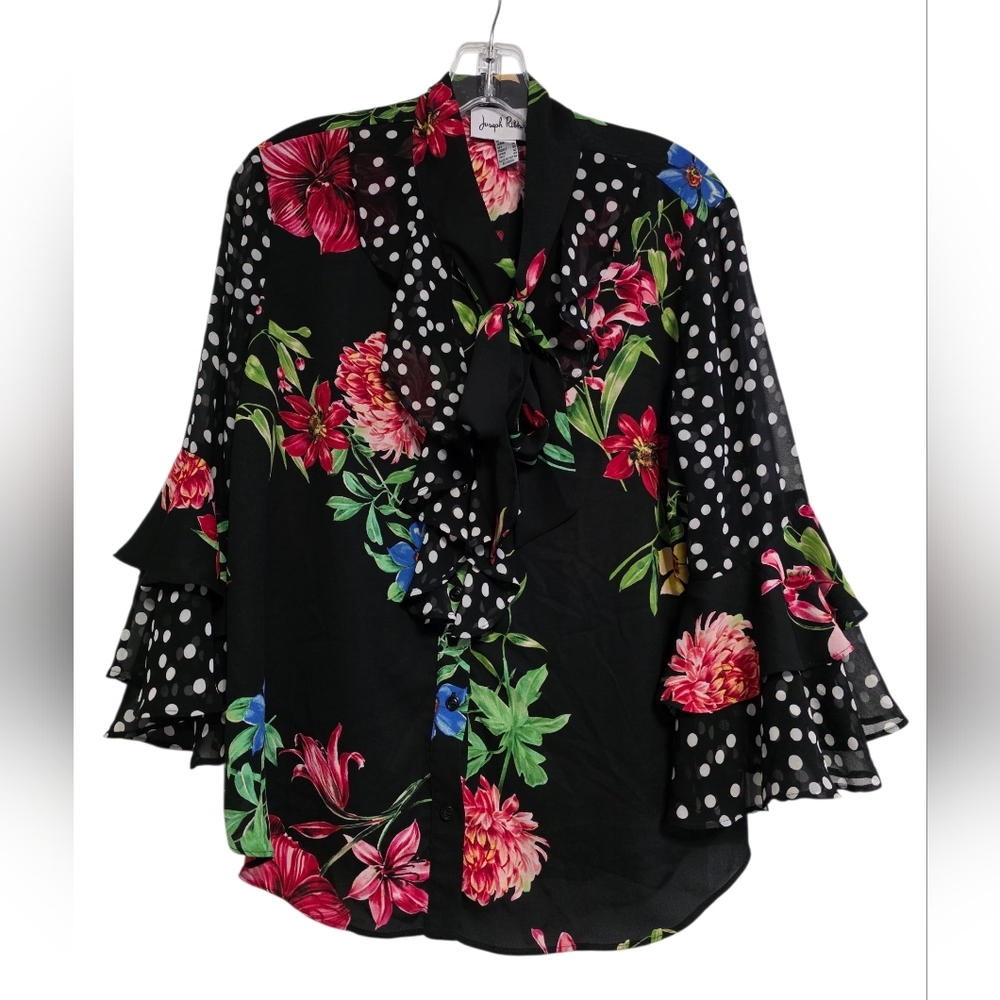 Joseph Ribkoff Floral Polka Dot Blouse With Necktie And Bell Sleeves Size 10